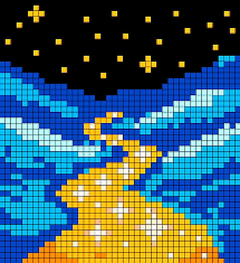 Pixel art of a golden path under a starry sky