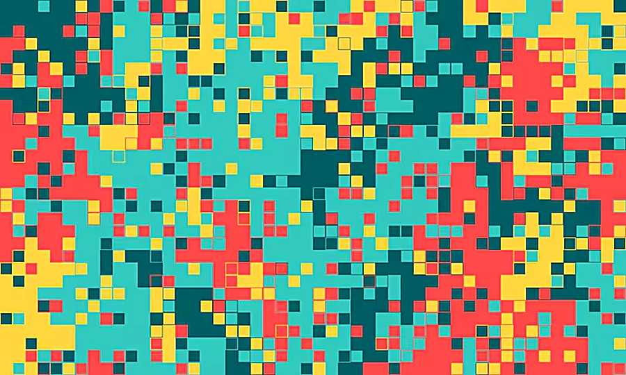 Teal, coral and yellow pixel mosaic